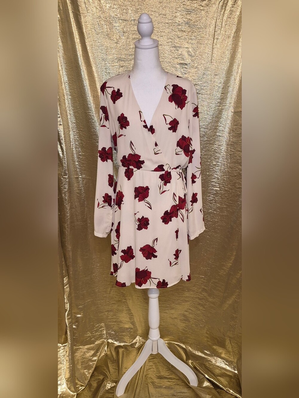 Lush Cream Wrap Dress with Red Floral Print